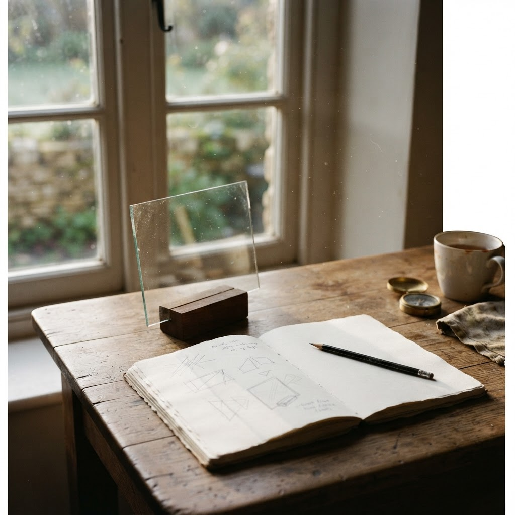 A single pane of ordinary glass leaning on a wooden stand beside a window in soft morning light, next to an open notebook of pencil sketches — the beginning of an idea