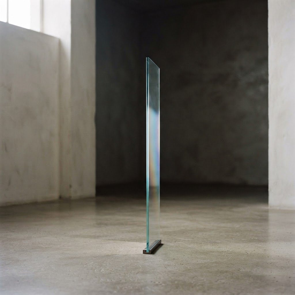 A single slim pane of ultra-clear glass standing alone in a calm concrete space, catching a faint spectrum of light along its edge while its surface shows almost no reflection