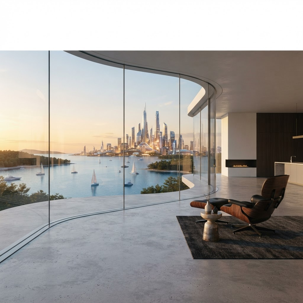 A curved, near-invisible glass wall overlooking a bay and a distant future skyline