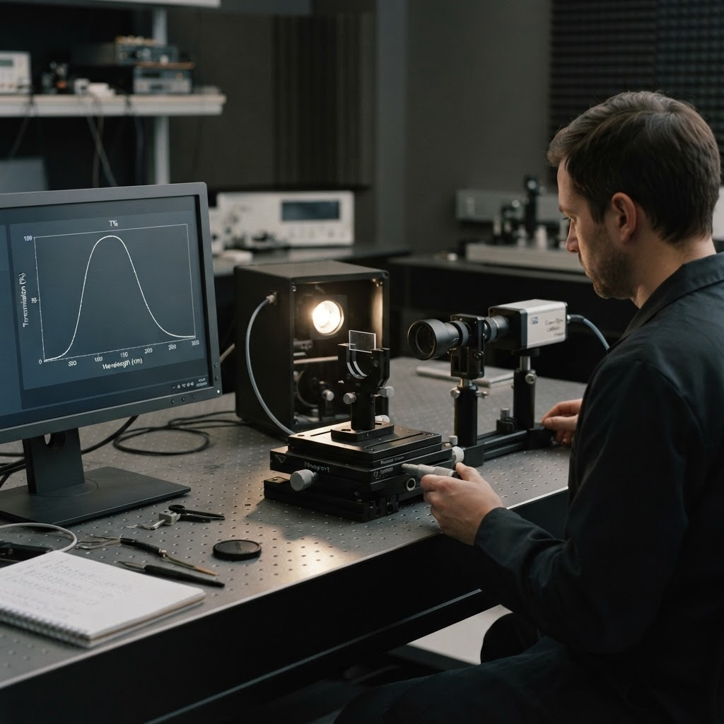 A calm optical testing bench with a glass sample under measurement and a monitor showing a light-transmission curve