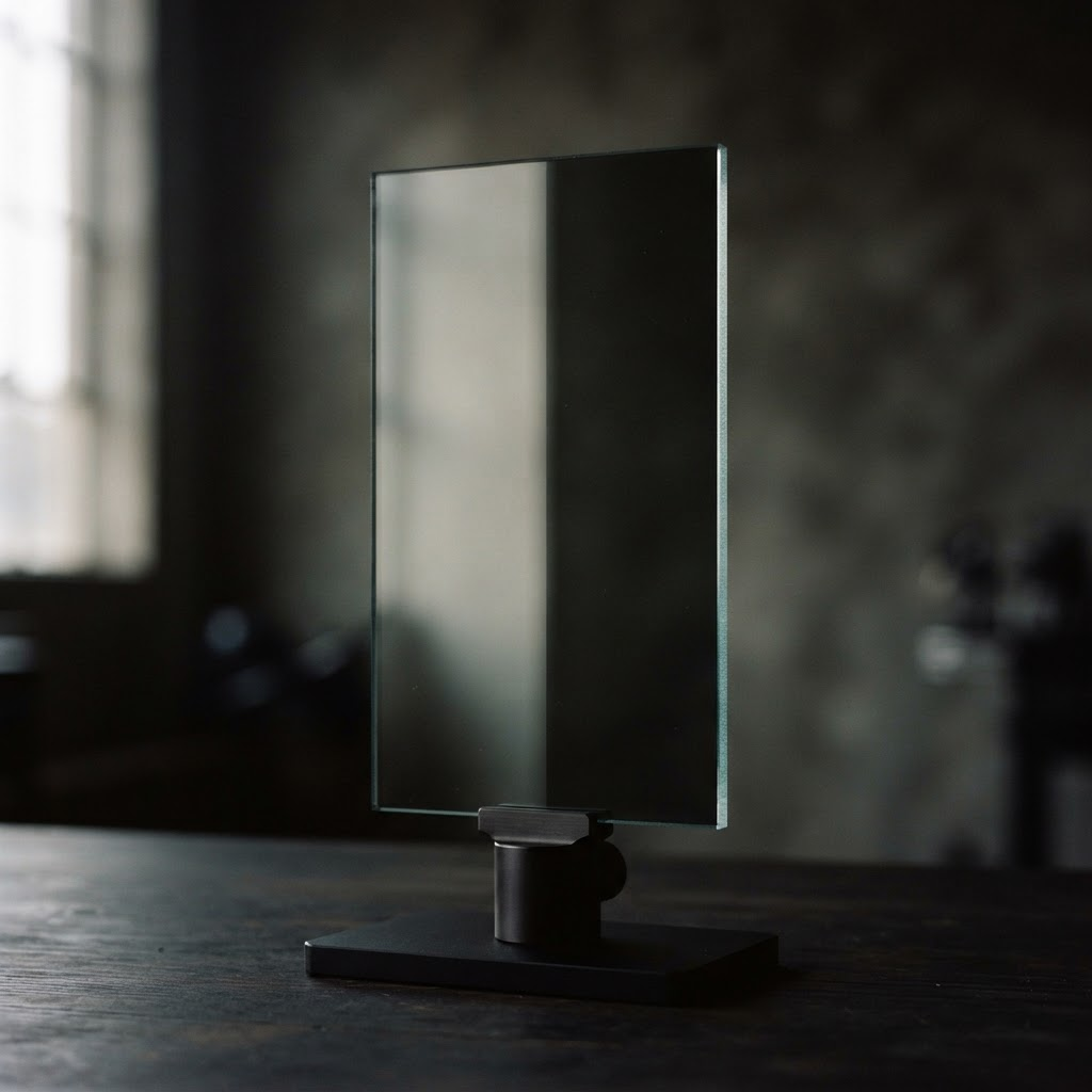 A slim pane of ultra-clear glass on an optical mount, half of it appearing to vanish as light passes through with almost no reflection