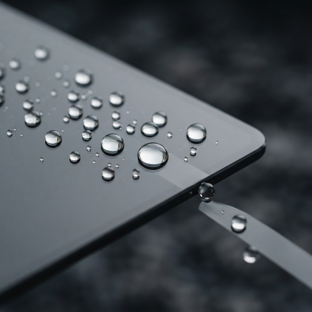 Extreme close-up of water beading and rolling off a high-performance glass surface that resists fouling and contamination